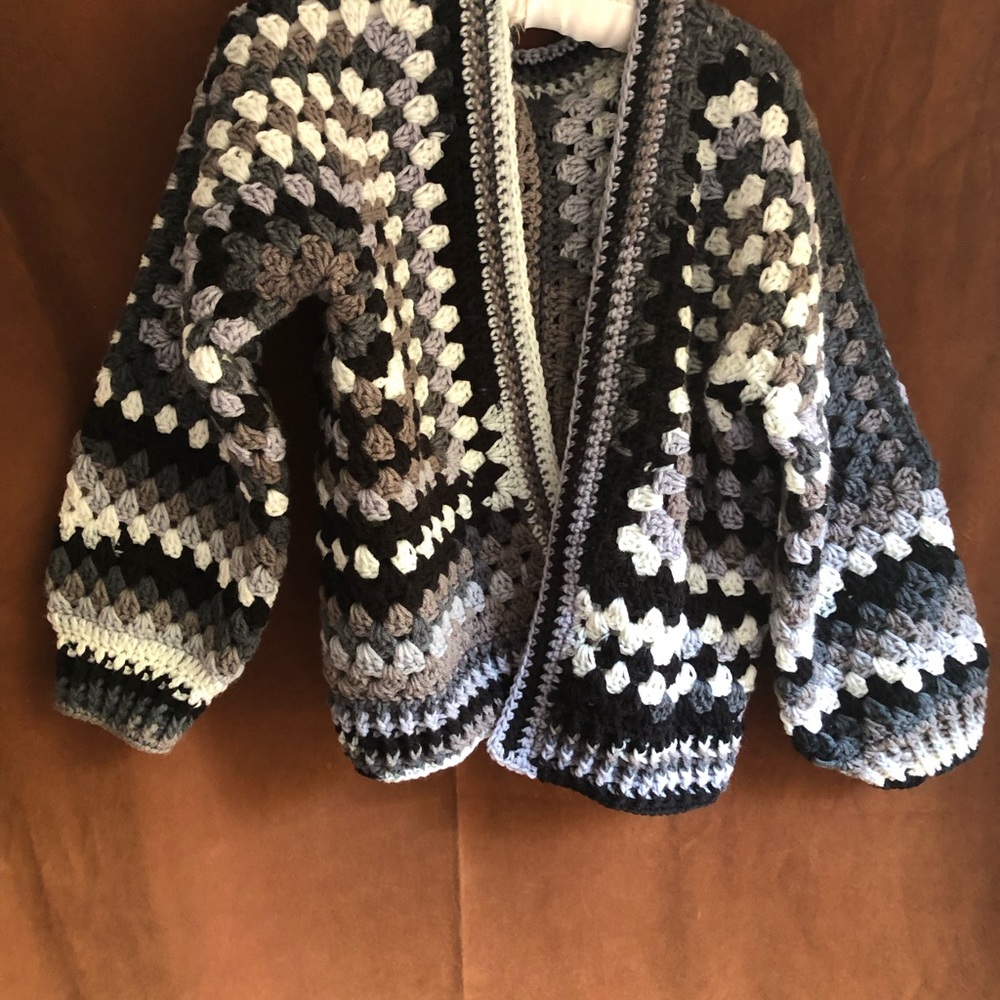Crocheted Granny Square Cardigan Sweater - Black, Gray & Cream
